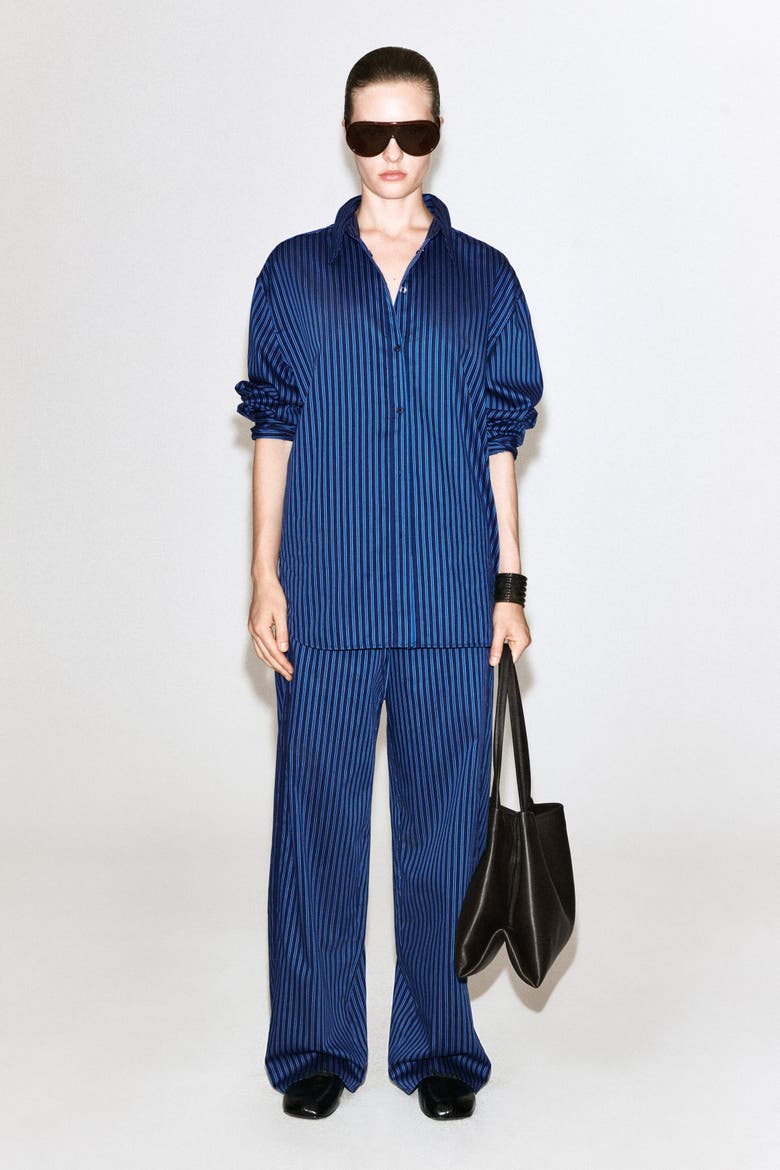 Folded-cuff Cotton Shirt, Alternate, color, BLUE / STRIPED