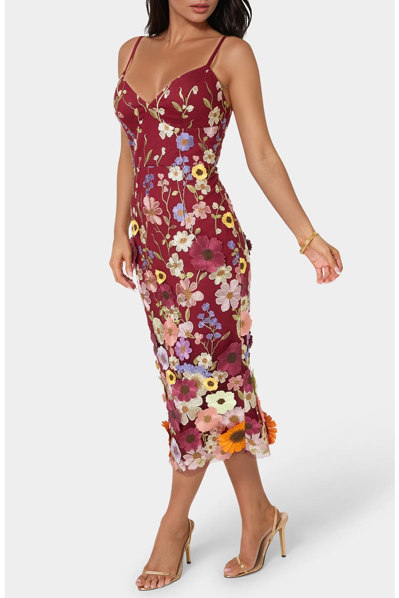 3D Flower Embroidered Midi Dress, Alternate, color, BURGUNDY / MULTI
