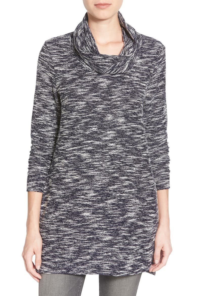 Knit Cowl Neck Tunic, Main, color, NAVY INDIGO TWEED PATTERN