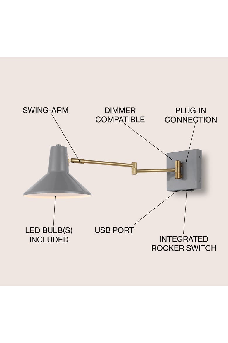 Hygge Swing Arm 1-Light Modern Midcentury Iron USB Charging Port LED Sconce, Alternate, color, Gray