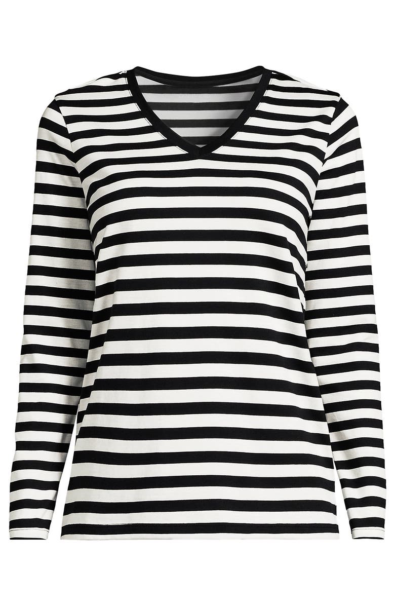 Lands' End Plus Size Supima Cotton Long Sleeve V-Neck T-Shirt, Alternate, color, Black Even Stripe