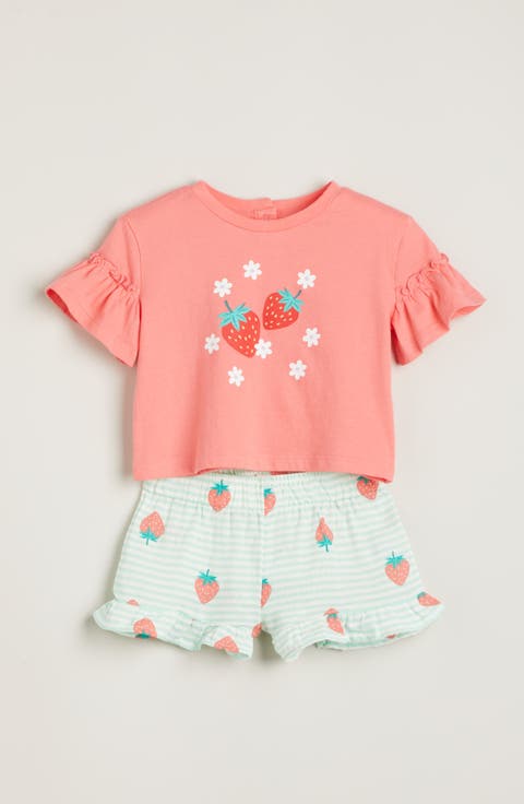 Print Flutter Sleeve Cotton Graphic T-Shirt & Shorts Set (Baby)