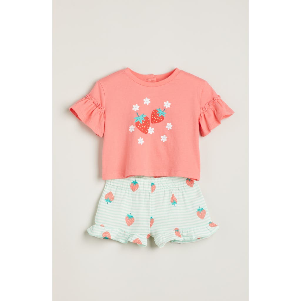 Tucker + Tate Print Flutter Sleeve Cotton Graphic T-shirt & Shorts Set In Coral- Green Strawberry Stripe