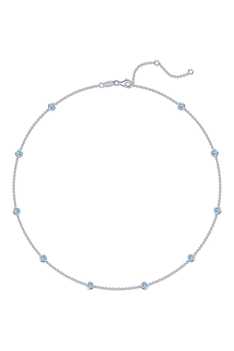 Simulated Blue Topaz Bezel Station Necklace, Main, color, WHITE GOLD