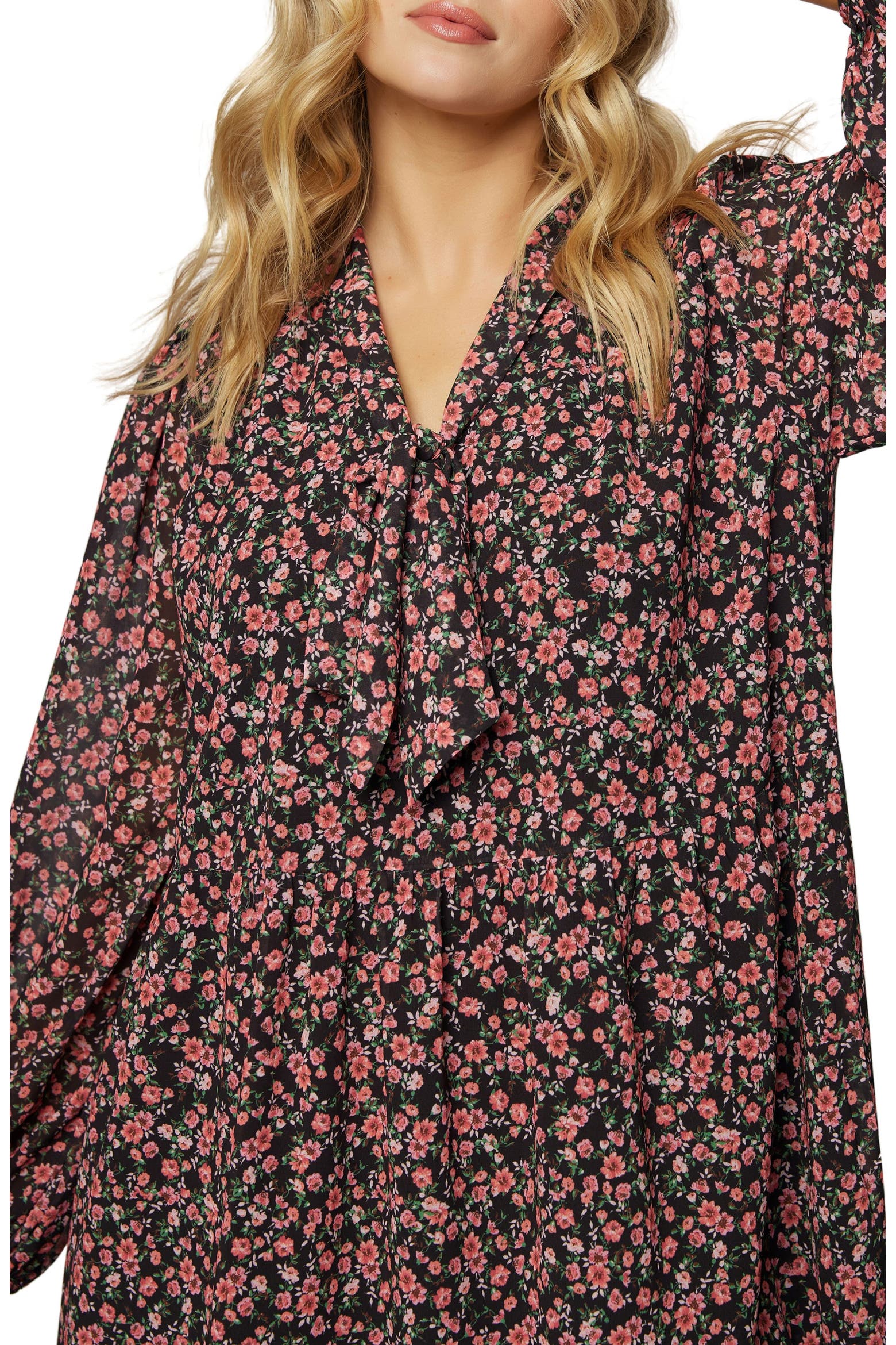 50 Long Roses Lost + Wander Rose Garden Tie Neck Long Sleeve Minidress (Women ...