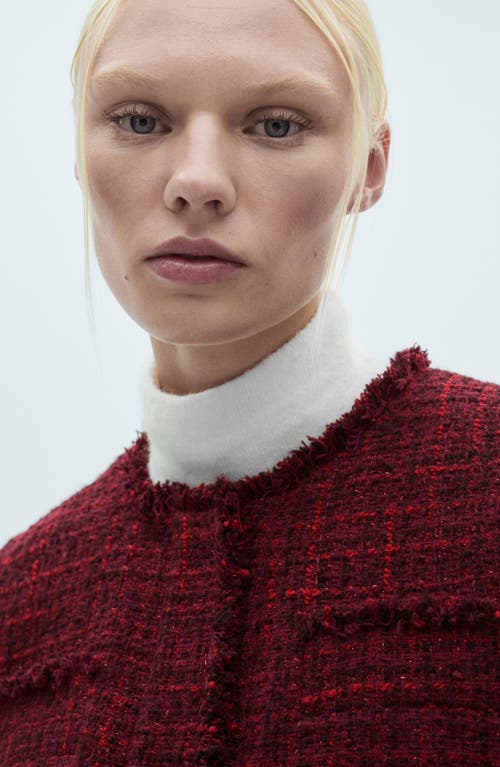 Shop Mango Fray Ends Crop Tweed Jacket In Cherry