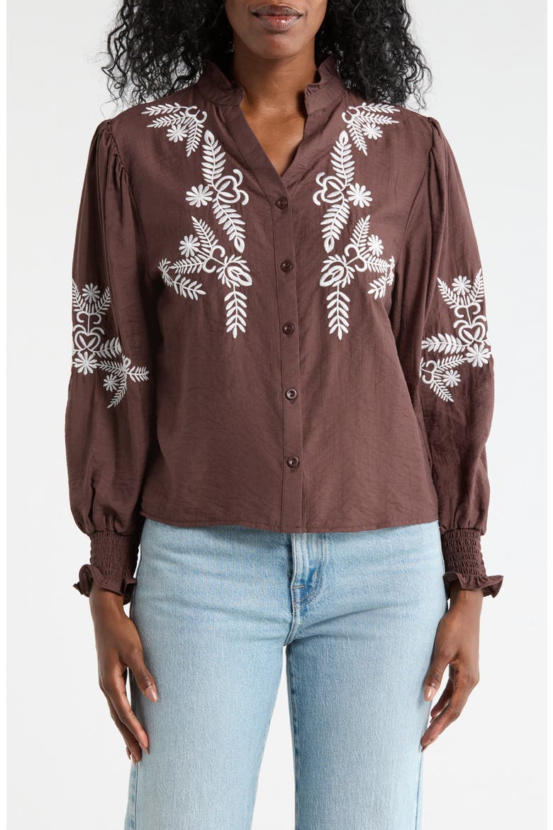 Embroidered Buttoned Top, Main, color, DARK BROWN