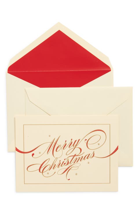 Set of 10 Ribbon Flourish Merry Christmas Greeting Cards