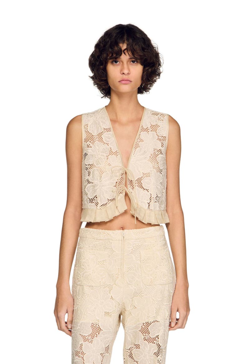 Guipure ruffle crop top, Main, color, Ecru