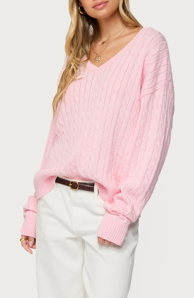 EDIKTED Polly V-Neck Cable Sweater, Alternate, color, Light-Pink