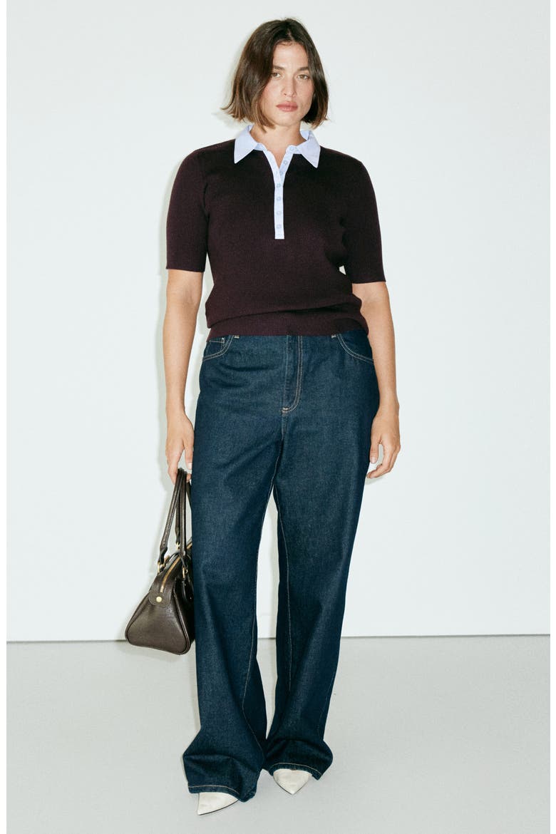 Contrast Collar Short Sleeve Rib Sweater, Alternate, color, CHOCOLATE