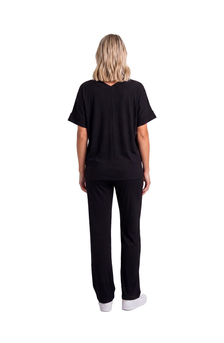 24seven Comfort Apparel Maternity Basic Ribbed Knit Dolman Sleeve V-Neck Top and Drawstring Wide Leg Pant Set, Alternate, color, Black