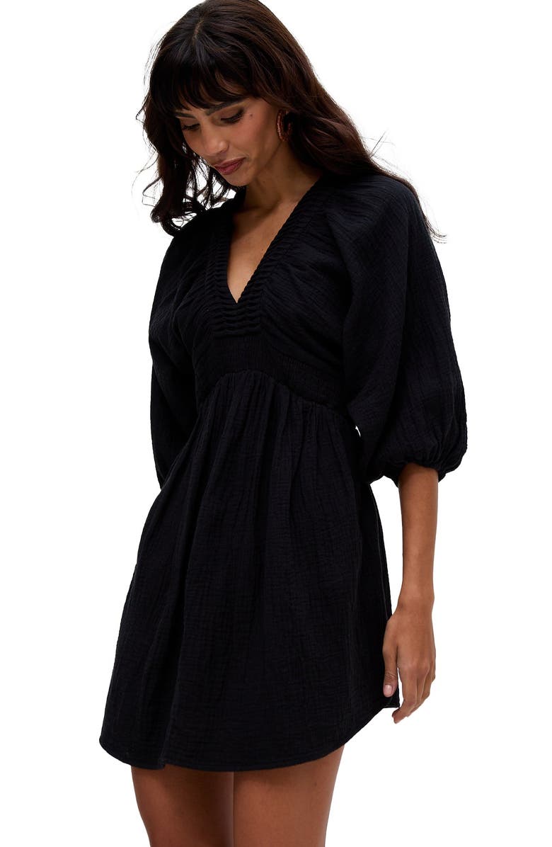 Raffya Soipoi Ruched V-Neck Mini Dress, Alternate, color, Black