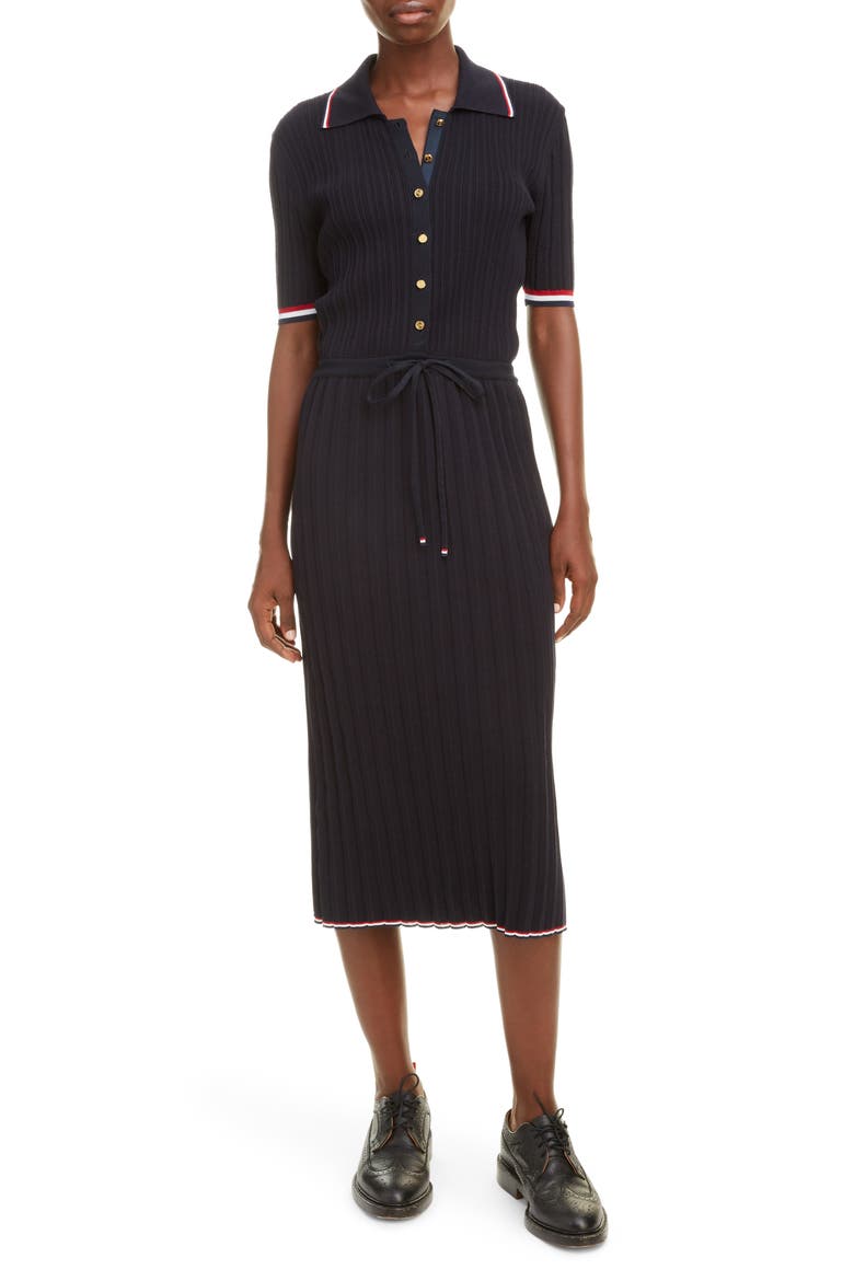 Ribbed Polo Midi Dress, Main, color, NAVY