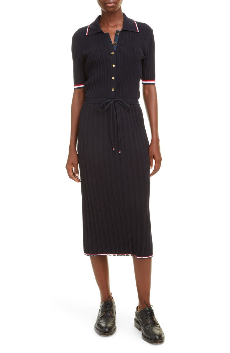 Thom Browne Ribbed Polo Midi Dress, Main, color, 