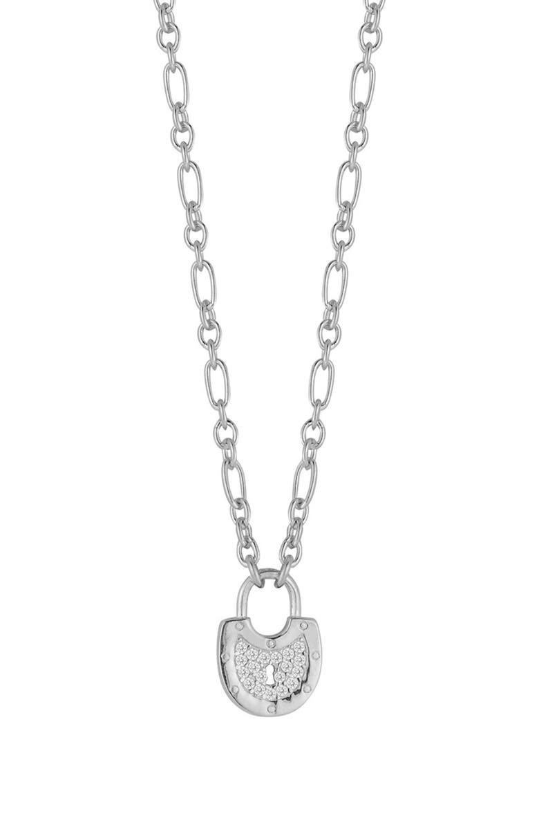 SPHERA MILANO Cubic Zirconia Padlock Pendant Necklace, Main, color, Silver