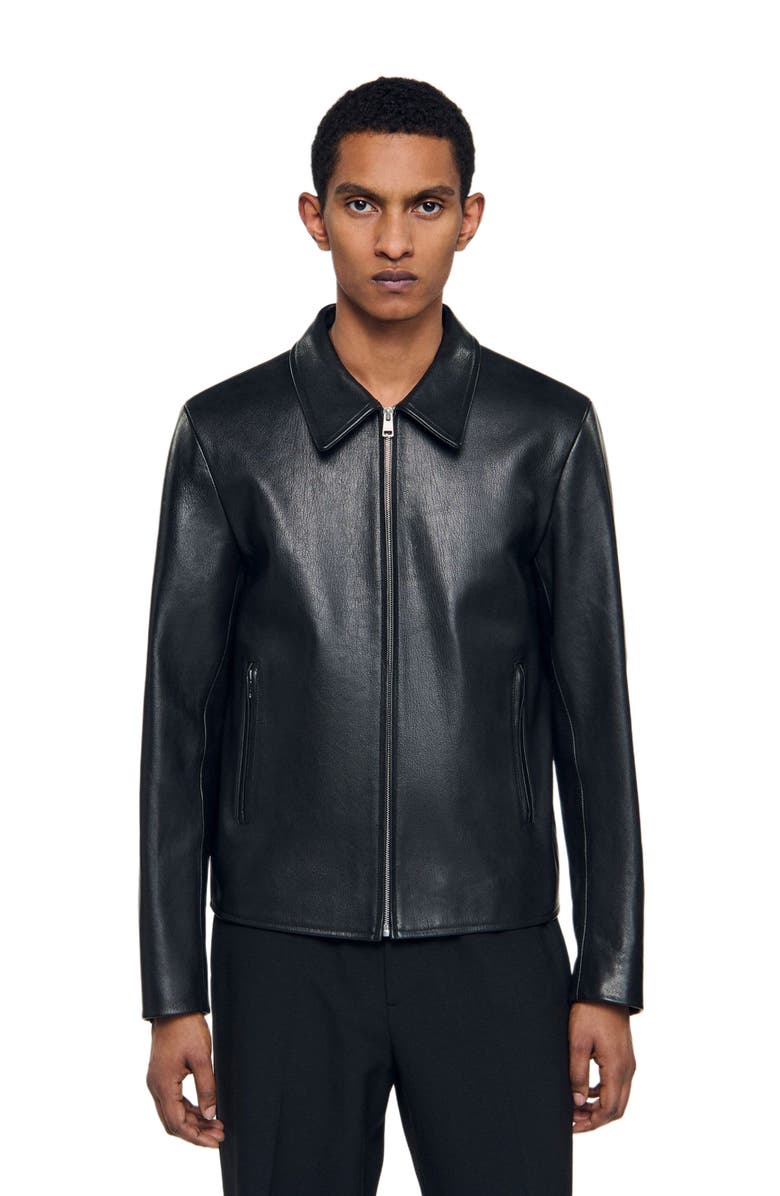 SANDRO Zip-up leather jacket, Alternate, color, Black