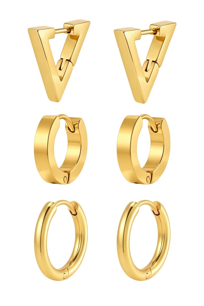 Set of 3 Pairs 18k Gold Plate Earrings, Alternate, color, GOLD