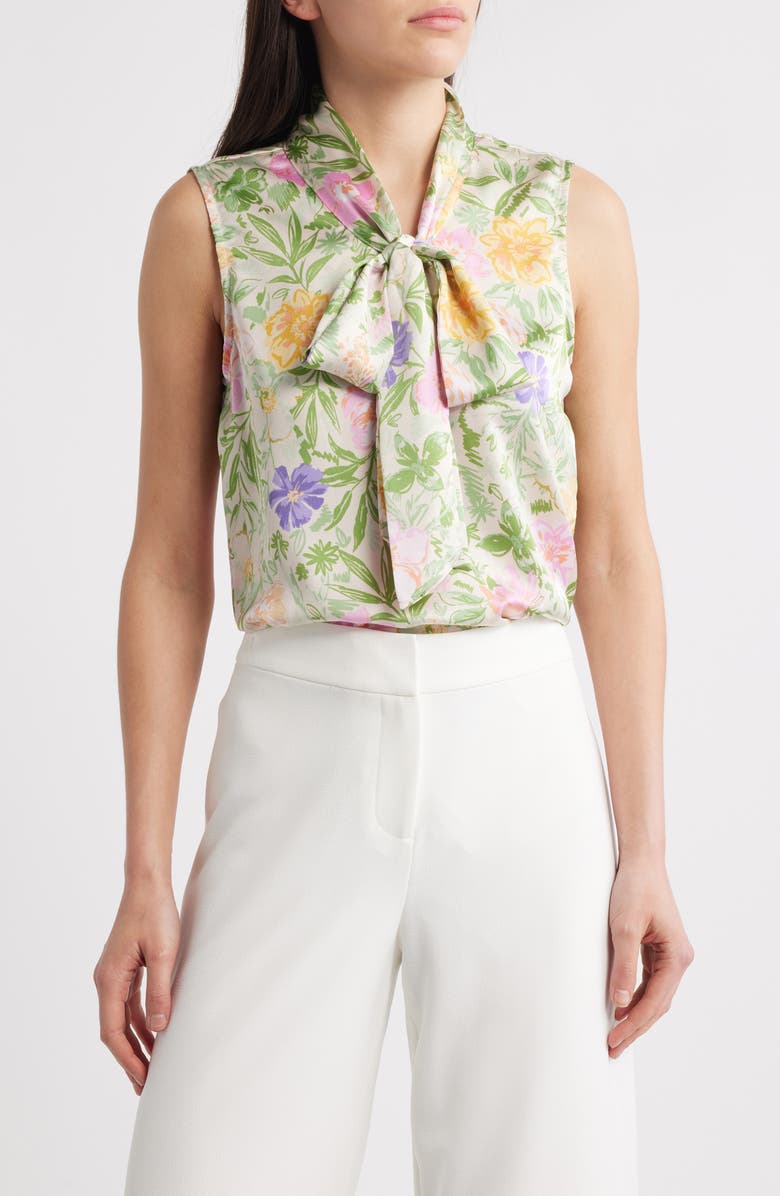 Tahari ASL Floral Bow Neck Sleeveless Charmeuse Top, Main, color, Floral Multi
