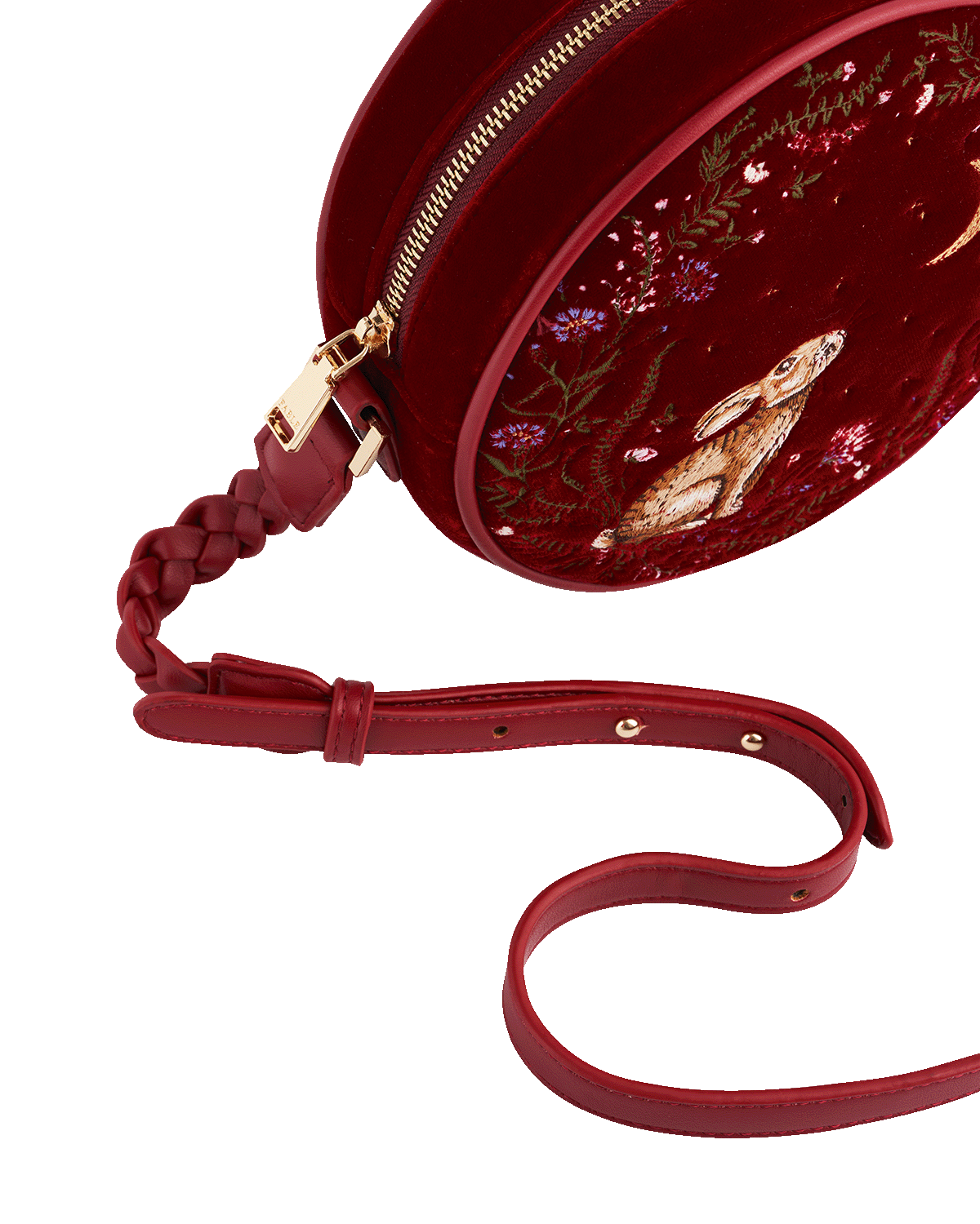 Fable England Star Gazing Rabbit Red Embroidered Circle Bag, Alternate, color, Ruby Red