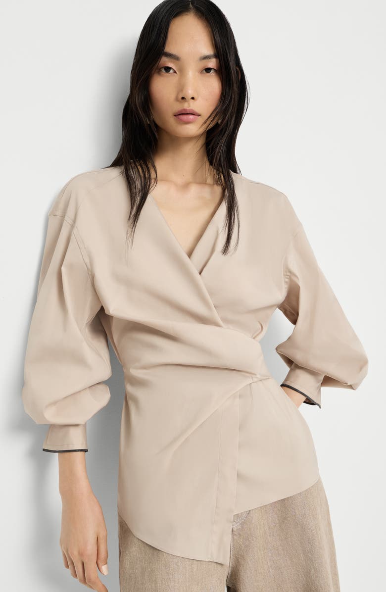 Brunello Cucinelli Stretch poplin shirt with monili, Alternate, color, Beige