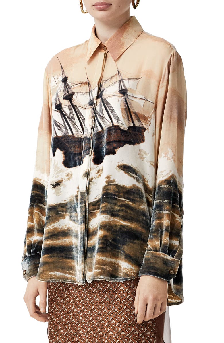 Burberry Print Velvet & Chiffon Shirt, Alternate, color, 