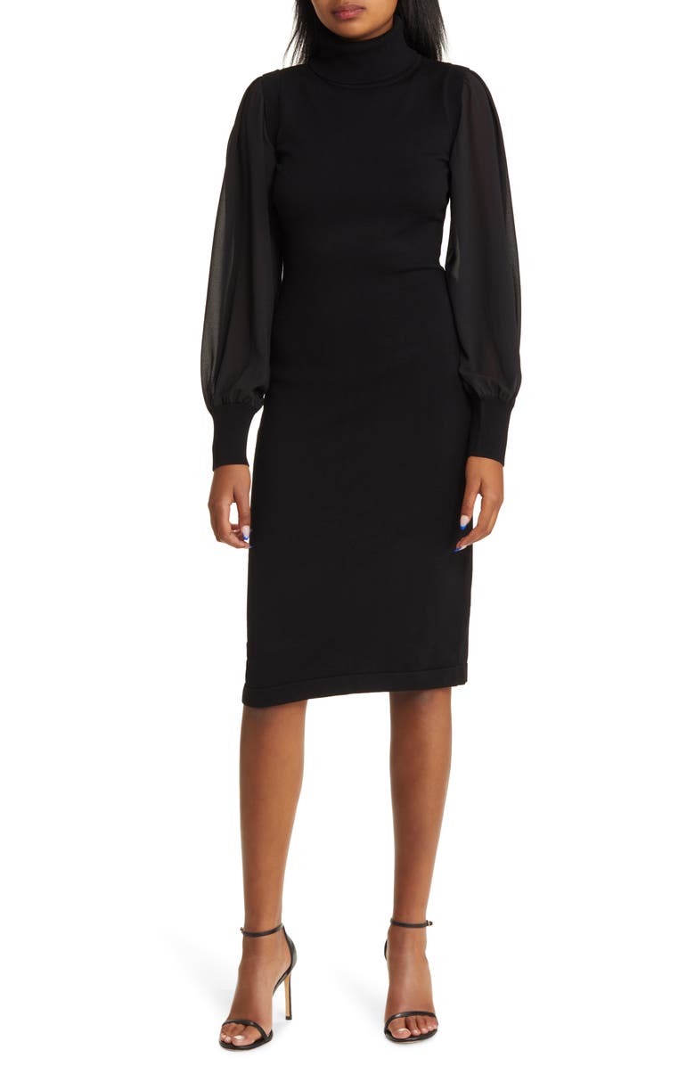 Vince Camuto Chiffon Long Sleeve Turtleneck Sweater Dress, Main, color, 