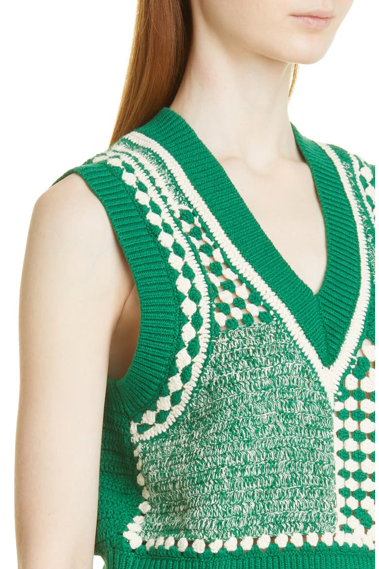 Cicilla Mix Stitch Crochet Organic Cotton Vest, Alternate, color, CREME GREEN CROCHET