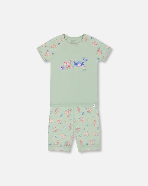 Girl's Organic Cotton Two-Piece Short Pajama Set Small Pink And Blue Flowers On Light Sage