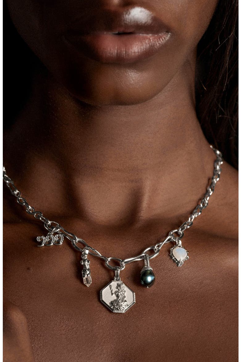5 Charm Collector Collar Necklace, Main, color, METALLIC SILVER