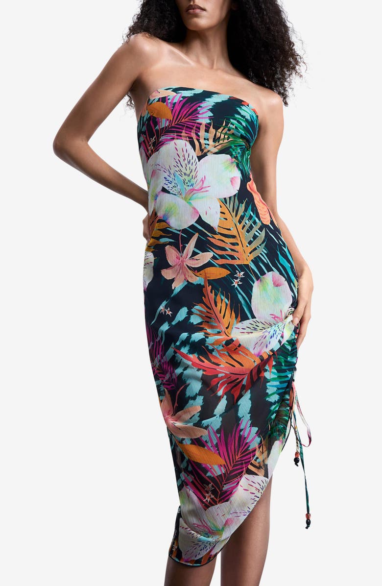 Desigual Floral Print Strapless Dress, Alternate, color, Black Floral