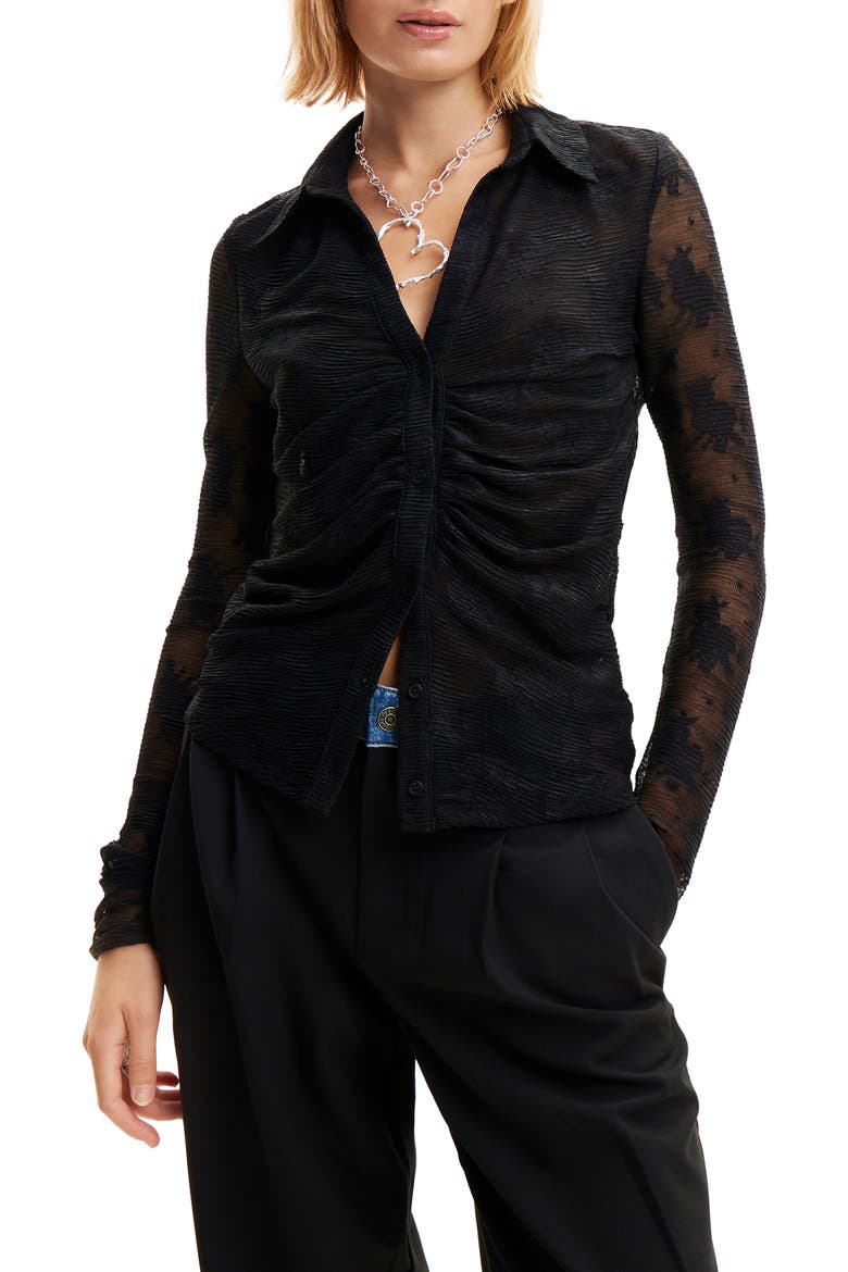 Gathered Tulle Floral Shirt, Main, color, BLACK
