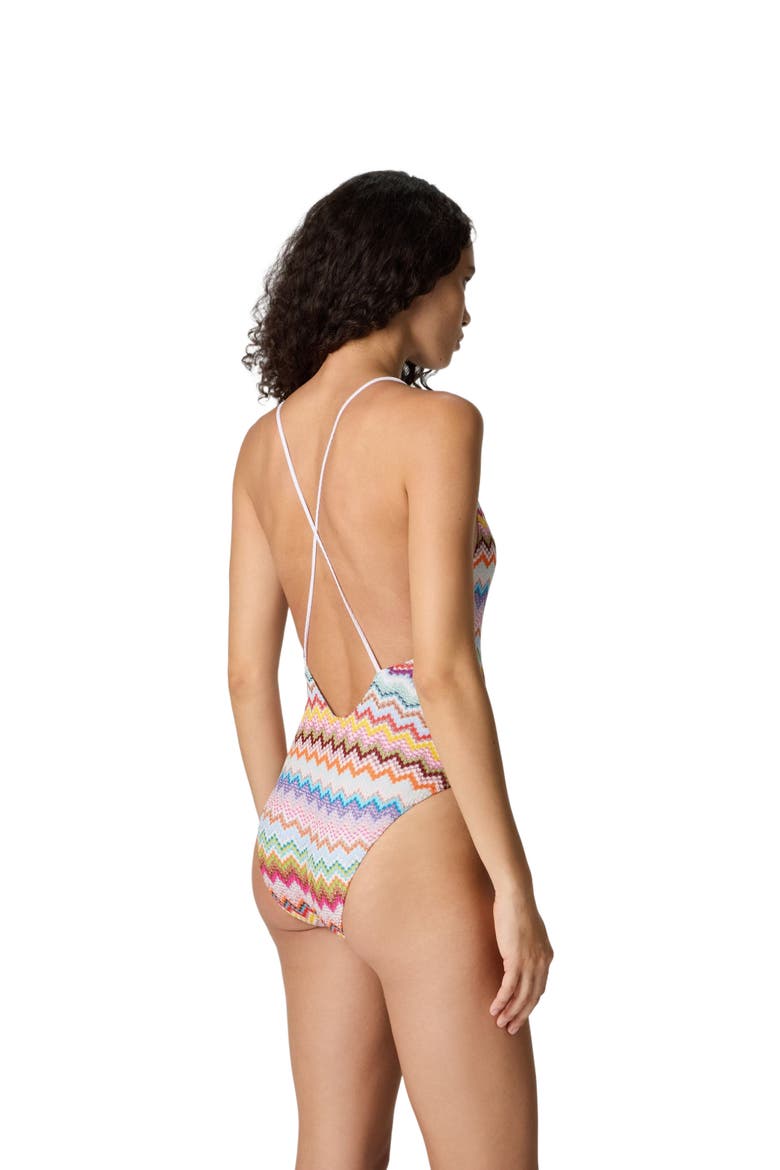 One-piece Swimsuit In Lamé Viscose With Pixel-effect Zigzag Pattern And V-neckline, Alternate, color, Multicoloured