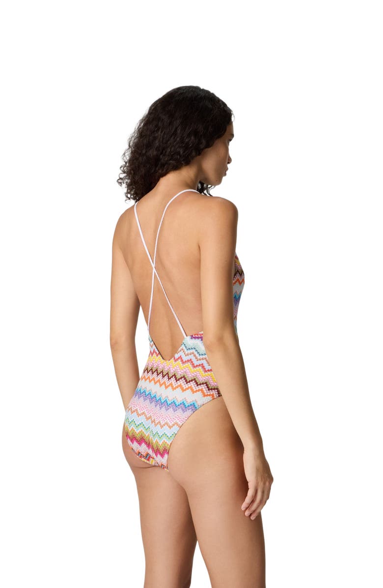 Missoni One-piece Swimsuit In Lamé Viscose With Pixel-effect Zigzag Pattern And V-neckline, Alternate, color, Multicoloured