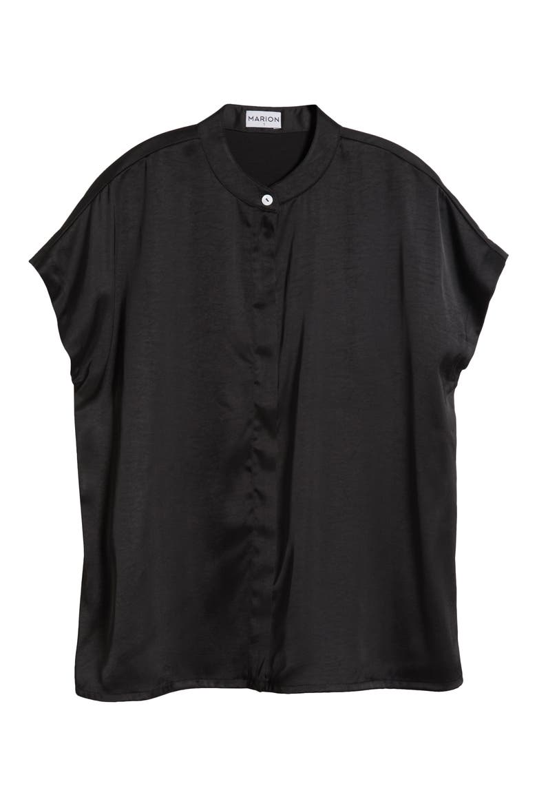 Women's Short Sleeve Satin Maternity Shell Top with Concealed Nursing Zip, Alternate, color, BLACK