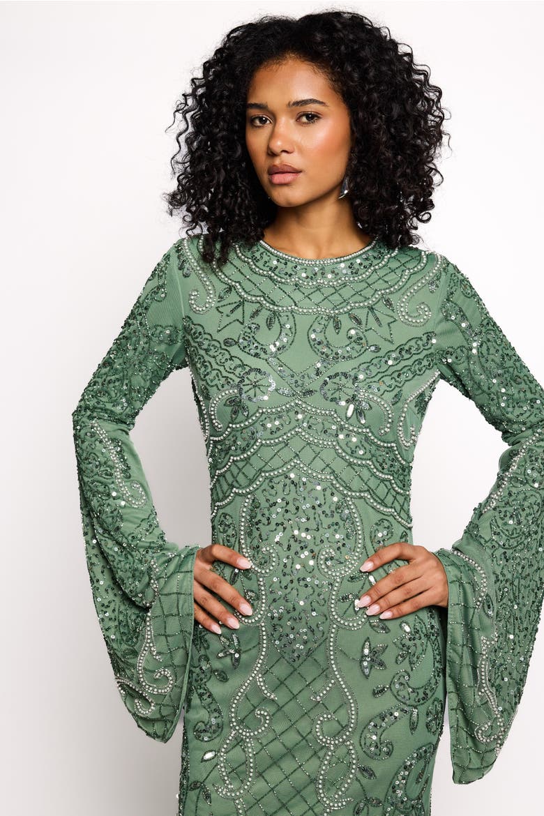 Modest Embellished Sequins Flutter Sleeves Gown, Alternate, color, DARK GREEN