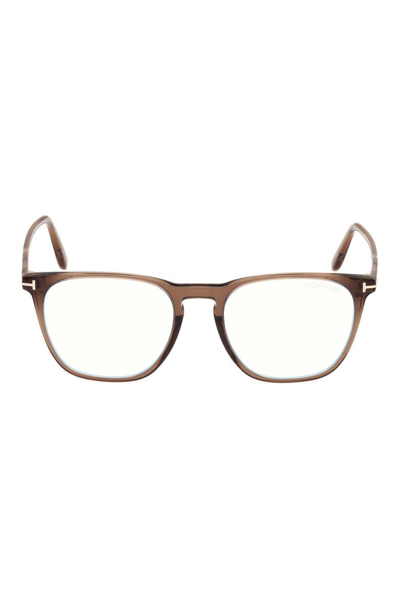 52mm Round Blue Light Blocking Optical Glasses, Main, color, BROWN / T LOGO / BLUE BLOCK