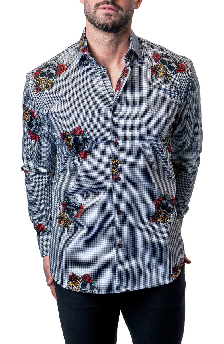 Maceoo Fibonacci Skull King Grey Button-Up Shirt, Alternate, color,