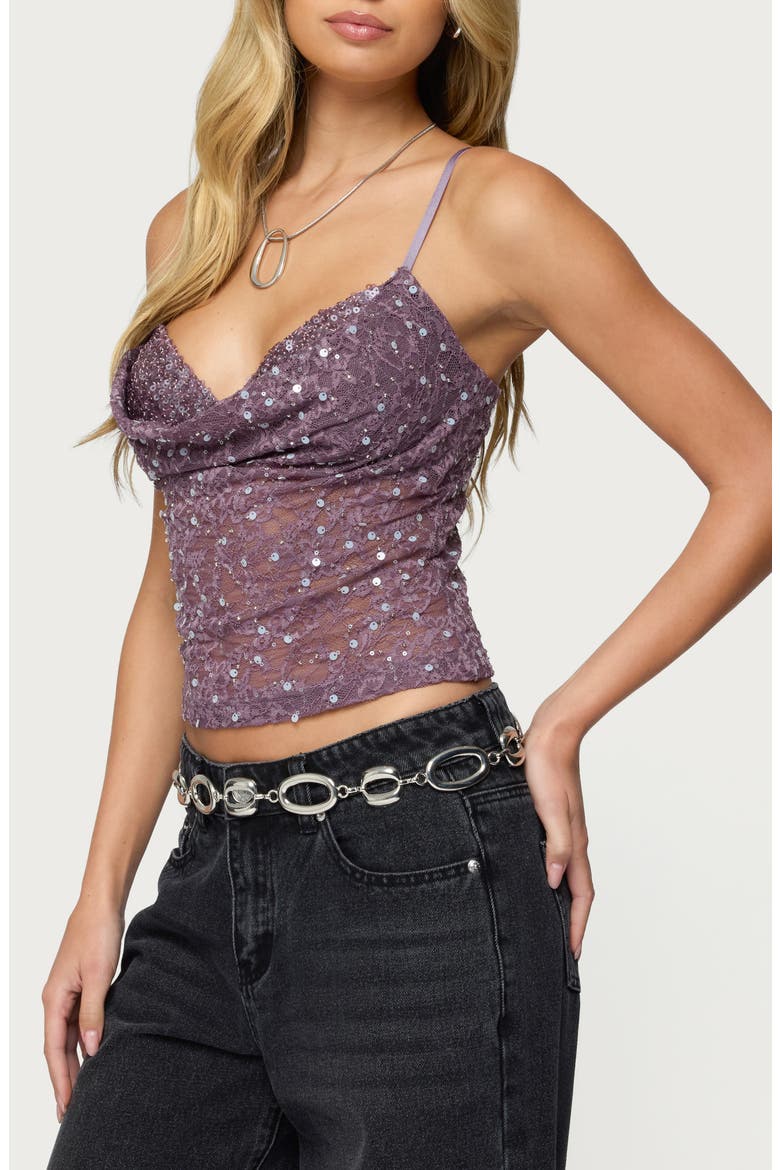 Sequin Layered Cowl Neck Lace Camisole, Alternate, color, PURPLE