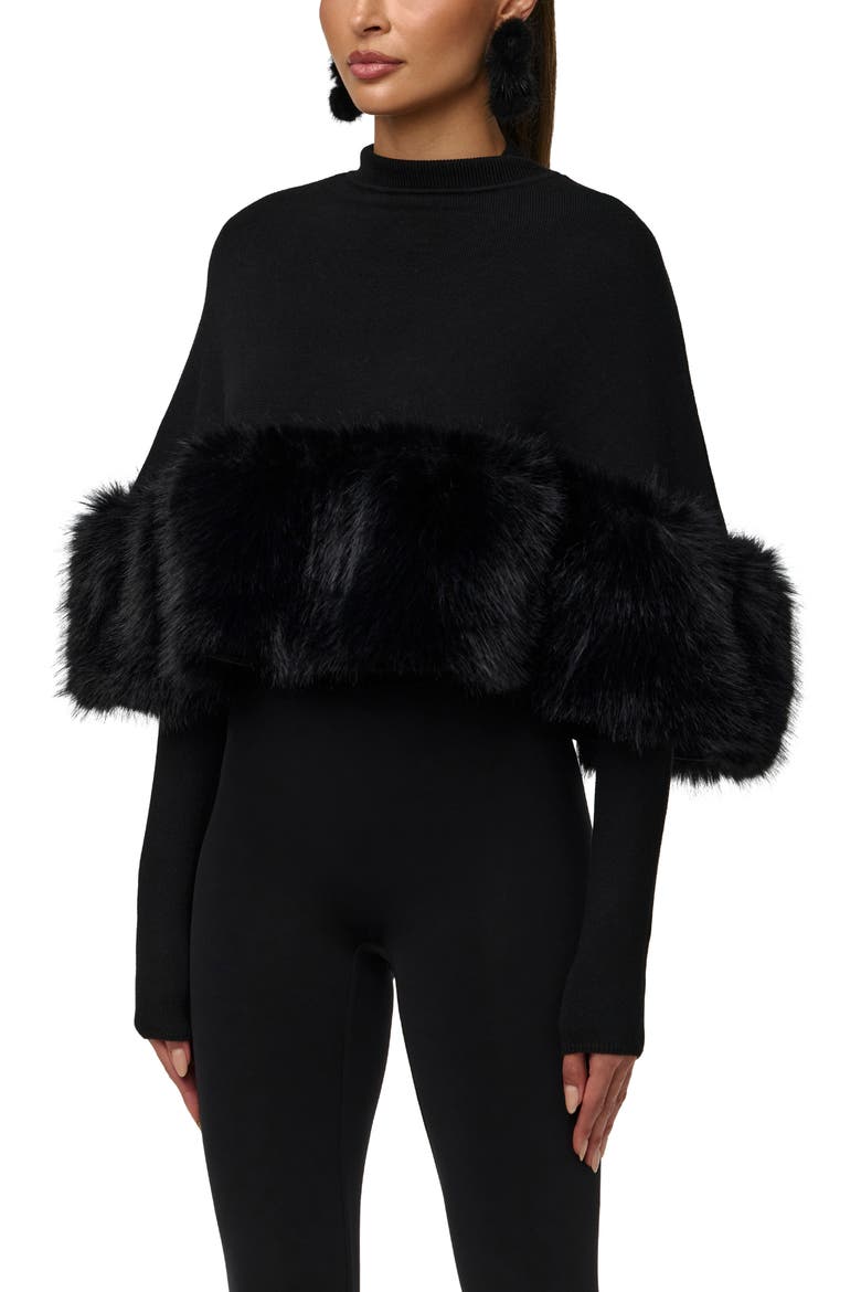 Faux Fur Trim Cape Crop Top, Alternate, color, BLACK