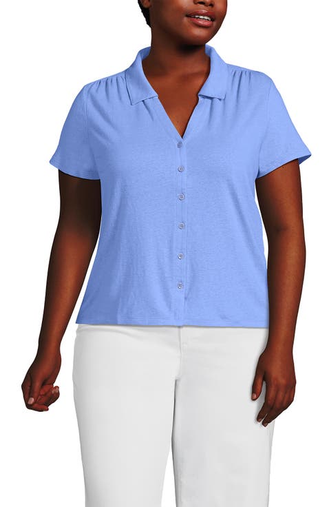 Linen Blend Short Sleeve Button Front Polo Top