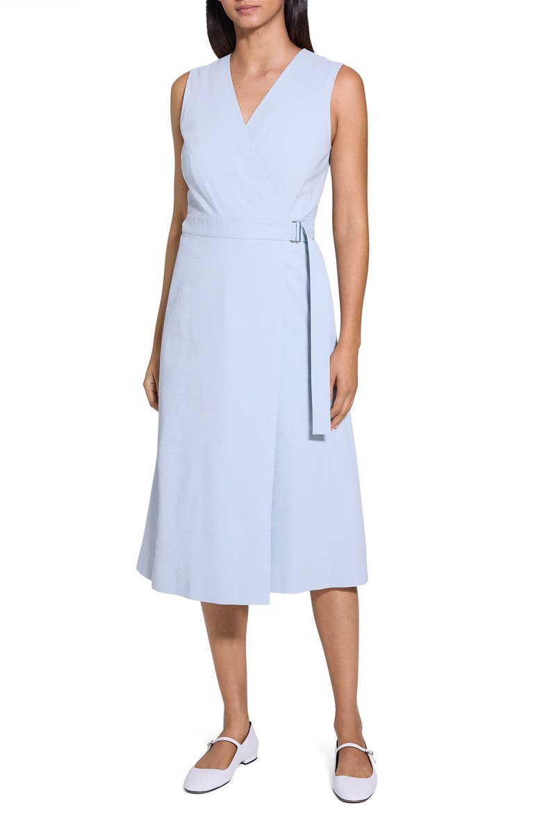 Theory Sleeveless Linen Blend Wrap Dress, Main, color, Pearl Blue