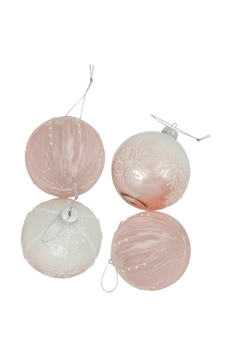 Northlight Snowflakes Glass Ball Christmas Ornaments - 3" (80mm) - Pink and White  - 4ct, Alternate, color, Pink