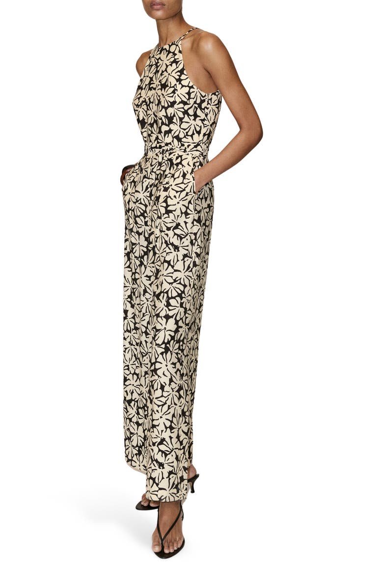 Print Belted Sleeveless Jumpsuit, Main, color, BLACK