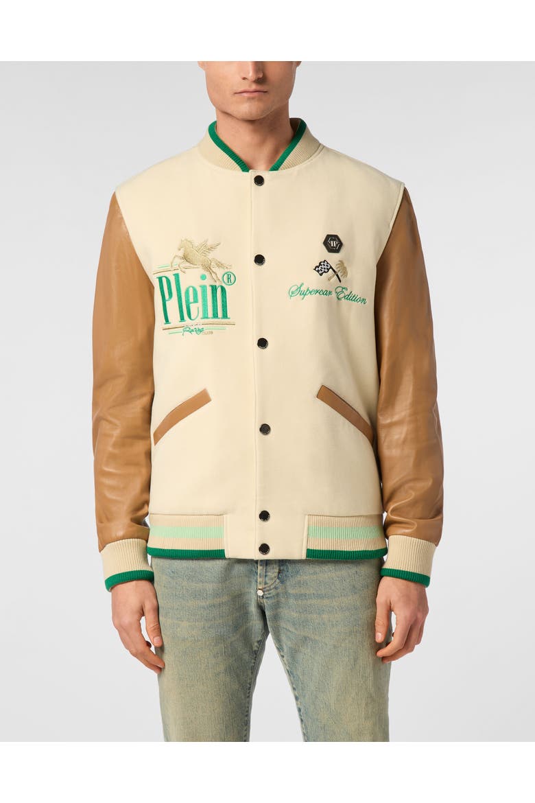 College Bomber Jacket Ls Racing Club Men, Main, color, beige