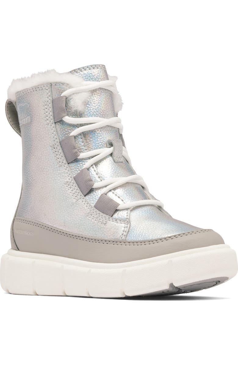 SOREL Kids' Explorer III Faux Fur Waterproof Boot, Main, color, Pure Silver/ Chrome Grey