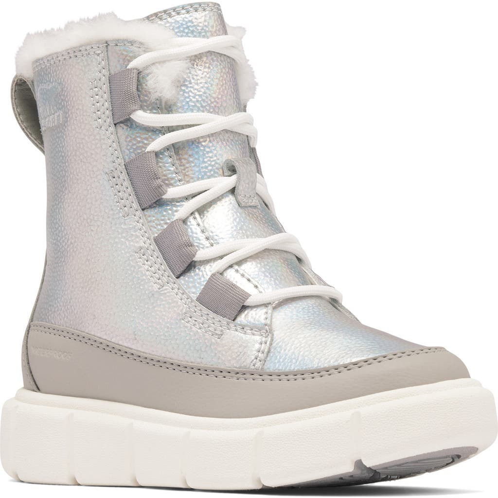 Sorel Kids' Explorer Iii Faux Fur Waterproof Boot In Pure Silver/chrome Grey