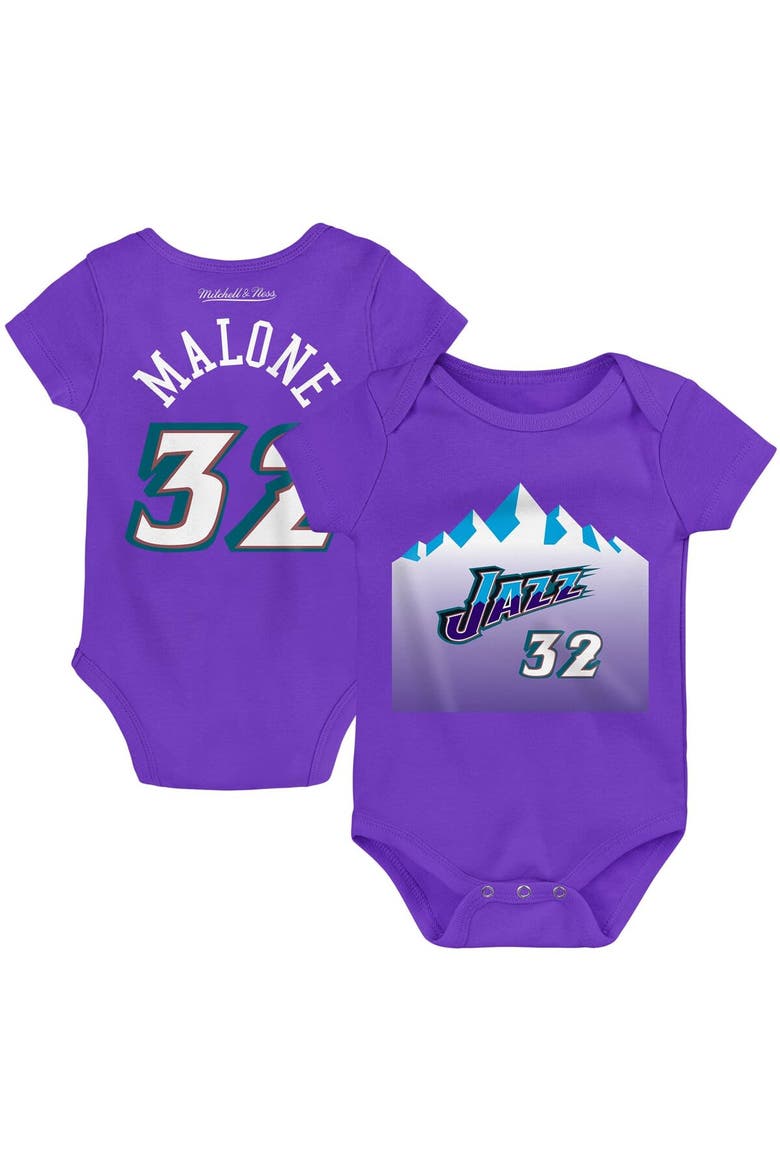 Infant Mitchell & Ness Karl Malone Purple Utah Jazz Hardwood Classics Name & Number Bodysuit, Main, color, Purple