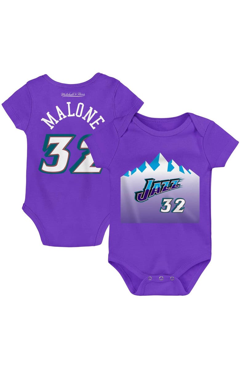 Mitchell & Ness Infant Mitchell & Ness Karl Malone Purple Utah Jazz Hardwood Classics Name & Number Bodysuit, Main, color, Purple