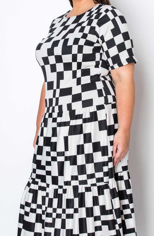 L I V D Artemesia Abstract Checkerboard Tiered Maxi Dress In Black White